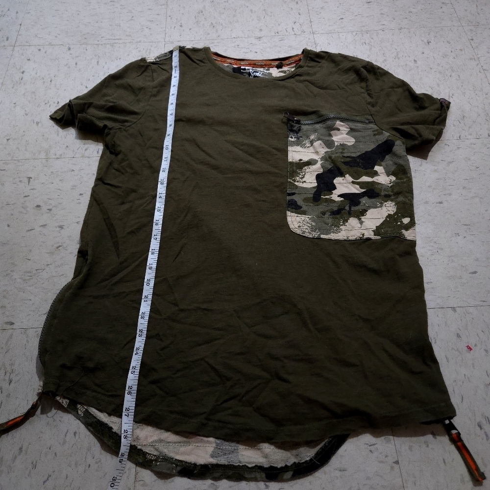 Triple Five Soul | Army Green Tee with Camouflage Pocket & Side Zippers - Picture 6 of 7